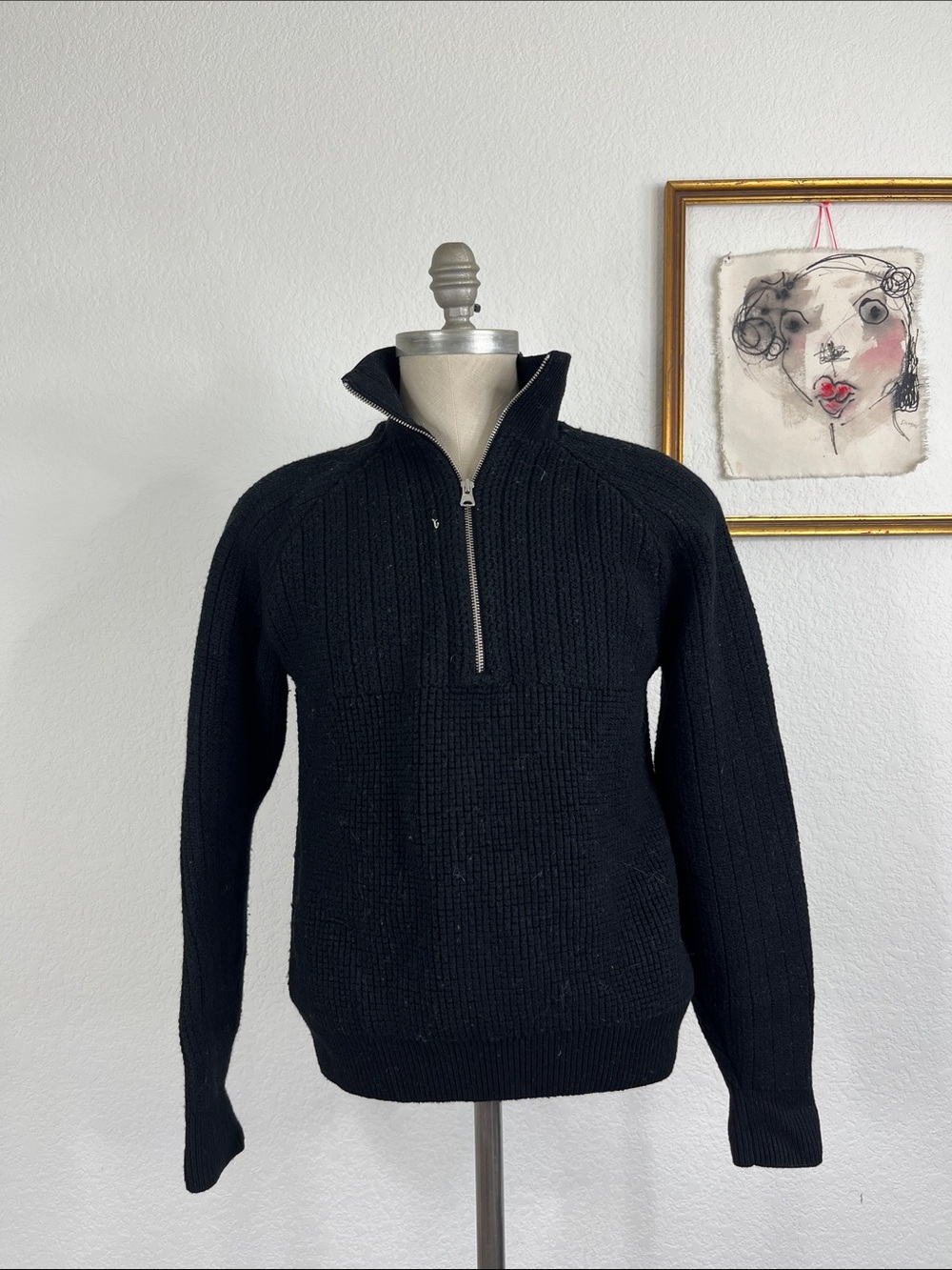 aime leon dore Merino Wool Quarter Zip Black Knit Waffle Ribbed Sweater